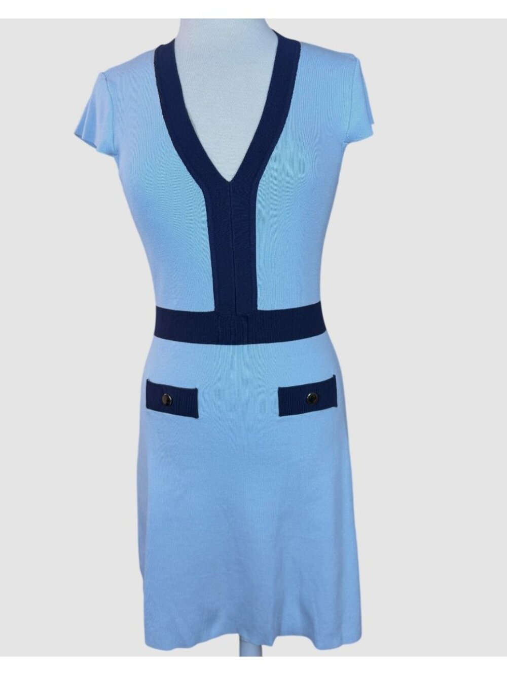 Alexia Admor Rhea V-Neck Contrast Trim Fit n Flare Halogen Blue Knit Dress M NWT
